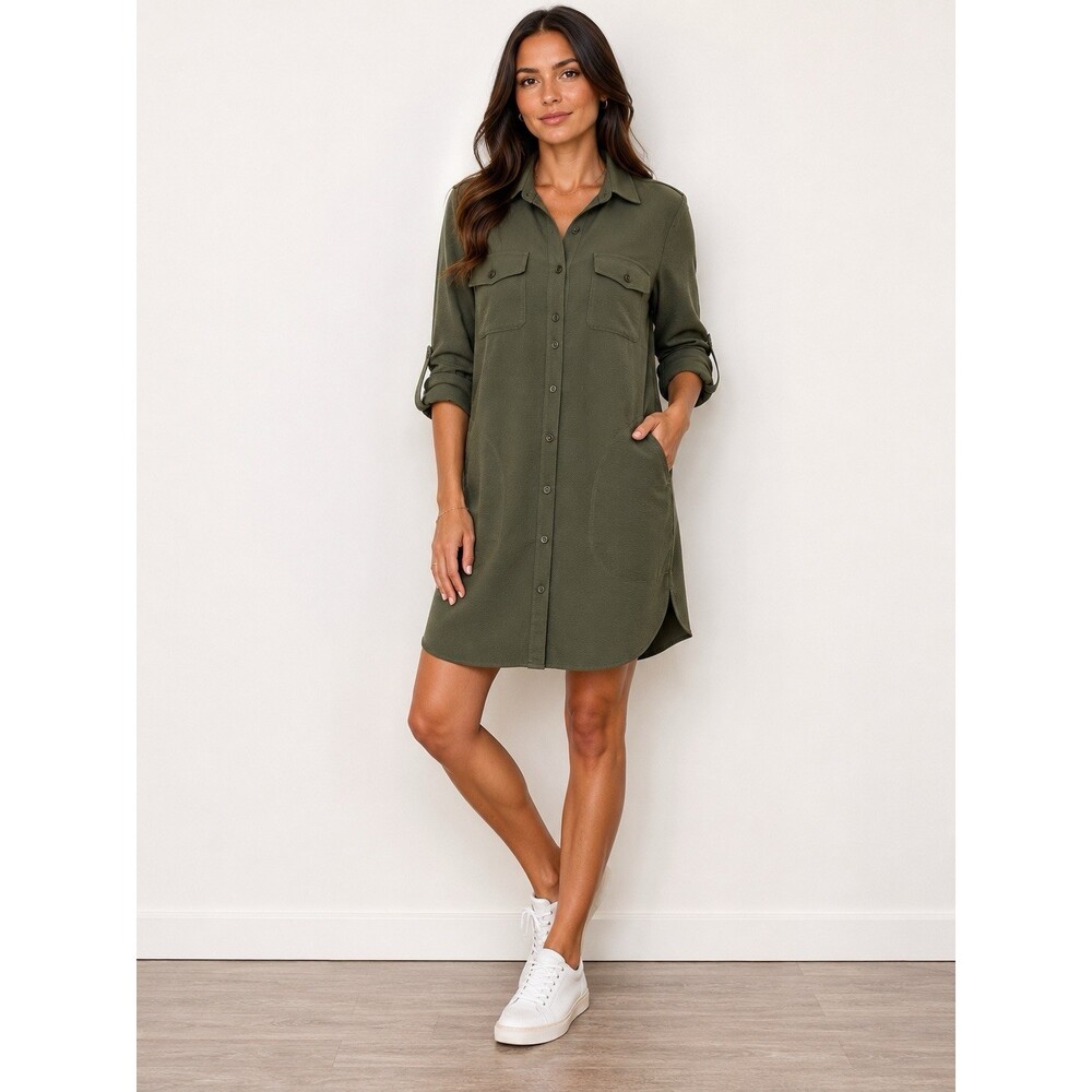 Linea by Louis Dell’Olio Oversized Shirt Dress XS Olive Green Crepe Gauze